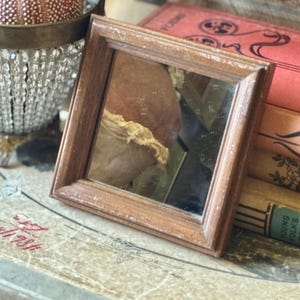 Vintage miniature mirror brown wood framed square wall hanging 5.25 inch