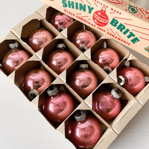 Vintage small pink glass ball ornaments Shiny Brite and shabby aged worn retro Christmas decorations lot set 1.75 inch balls