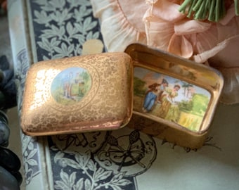 Vintage jewelry box Osborne gold porcelain hand painted figural couple 4 inch