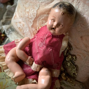 Vintage creepy baby doll small old cracked composition salvaged busted spooky doll parts *missing arm