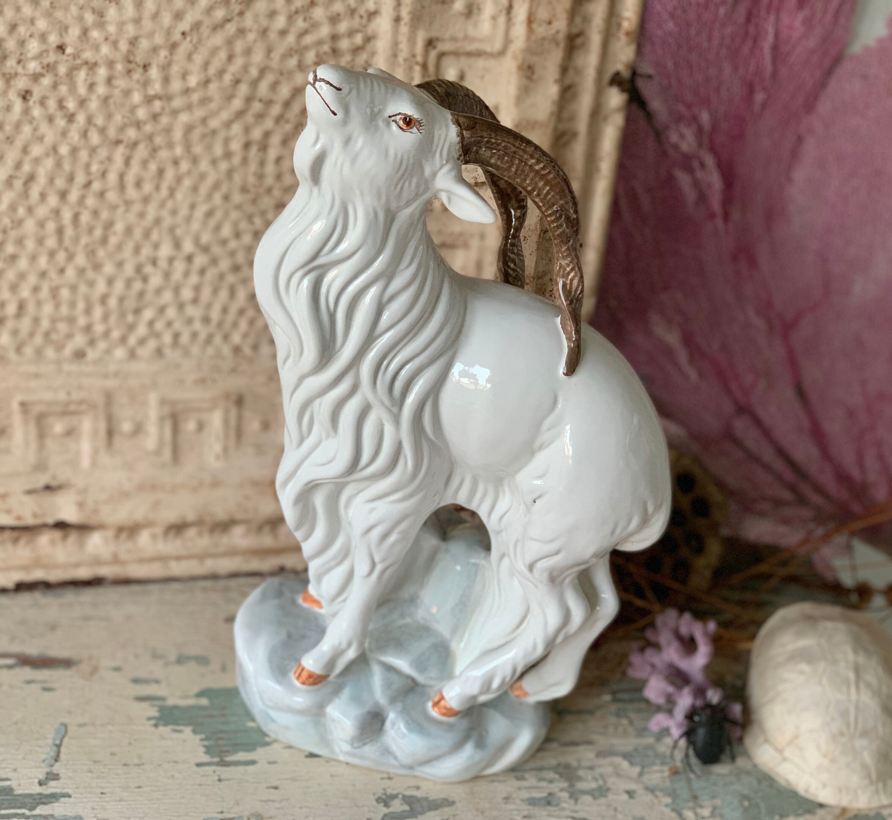 Vintage Italian White Ram Statue Ceramic Pottery Horn