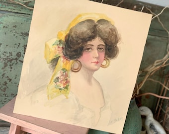 Antique signed small original lady portrait painting watercolor 13.75 x 12.25 inch