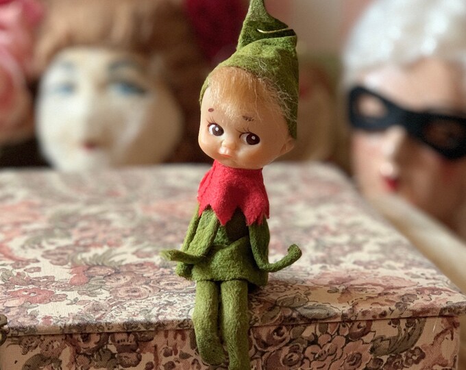 Vintage Mini Shelf Sitter Elf Small Green Red Holiday Pixie Doll