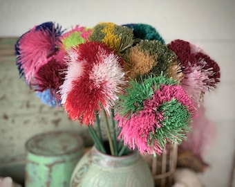 Vintage homemade pom pom flowers shabby set colorful retro floral stems bouquet
