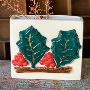 Vintage Christmas wall pocket planter red holly berry and leaves small ceramic vase 5.75 inch long