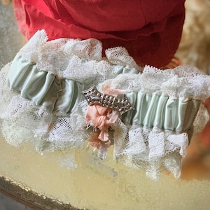 Vintage wedding garter old bridal heirloom pale blue satin lace romantic decor