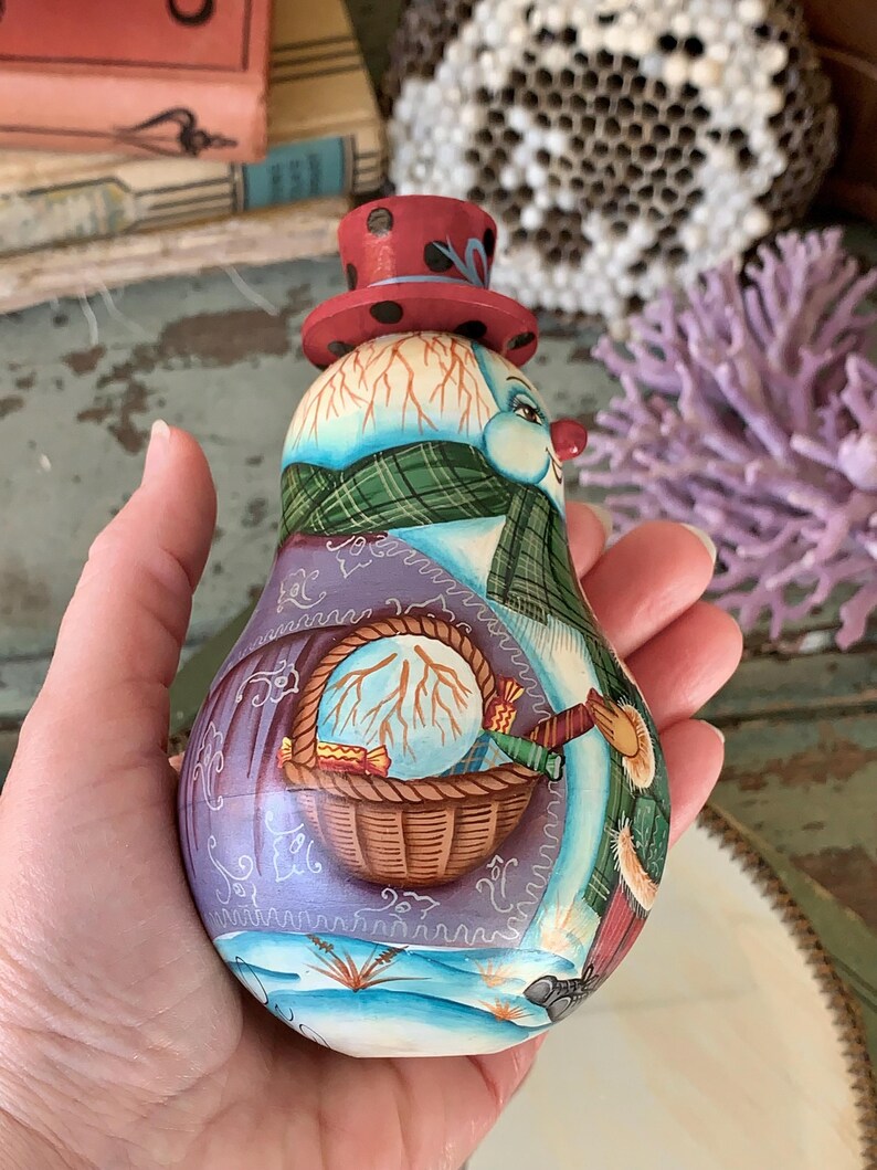 Vintage Snowman Chime Doll Hand Painted Wood Roly Poly Christmas