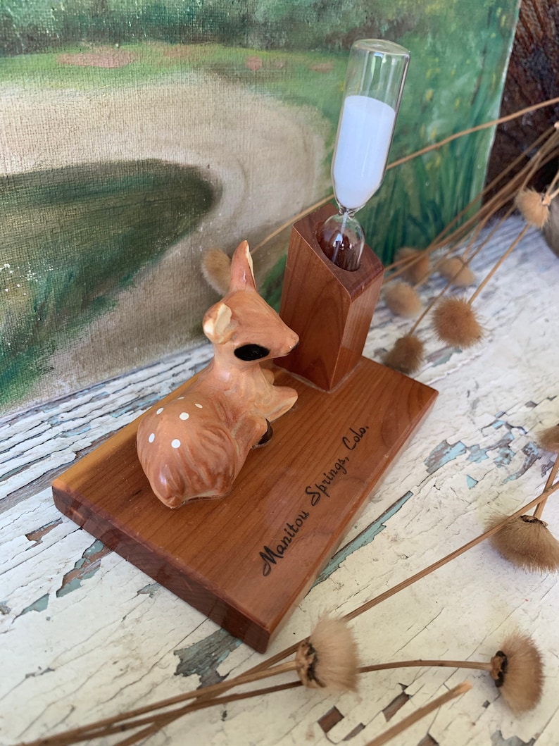 Vintage mini baby deer timer miniature souvenir fawn hourglass figurine 2.5 x 4 inch