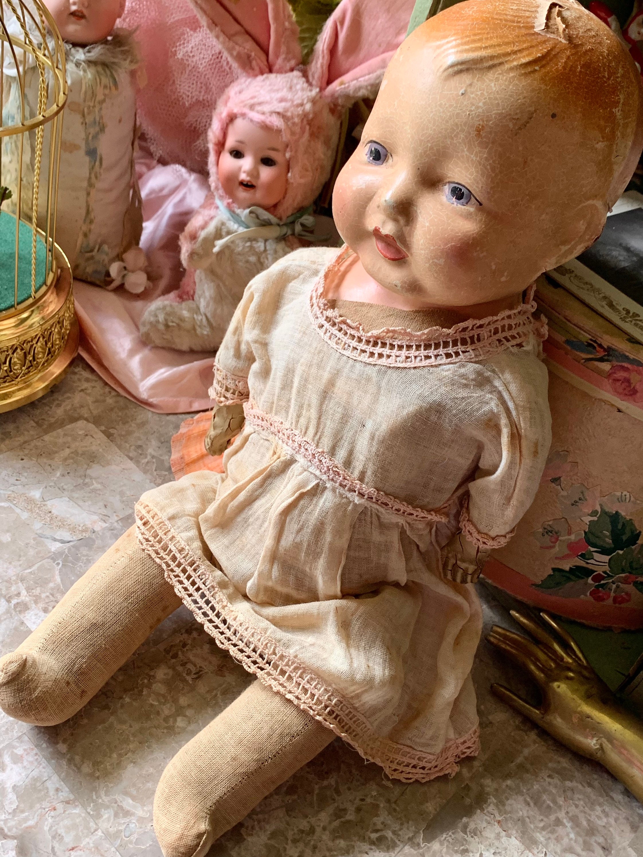 * antique doll ୨୧ ストローハットの ペグドールさん Vintage Baby Doll Antique Composition Head Doll Cracked