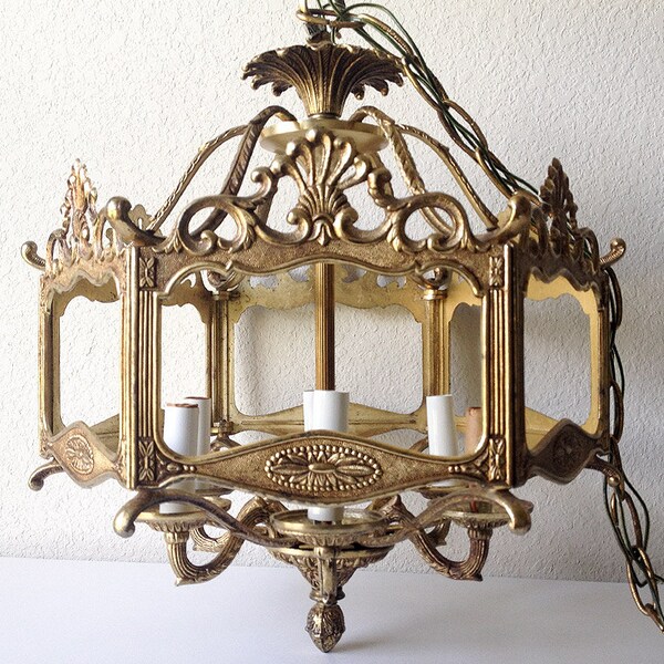 Vintage Spanish brass lantern chandelier ornate gold pendant light Made in Spain mid century lighting