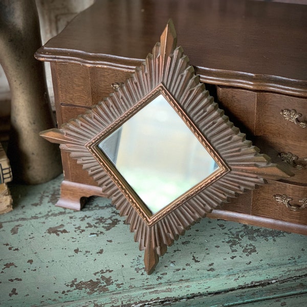 Vintage miniature mirror *plastic framed retro diamond starburst style mini wall mirror 10.5 inch frame tips