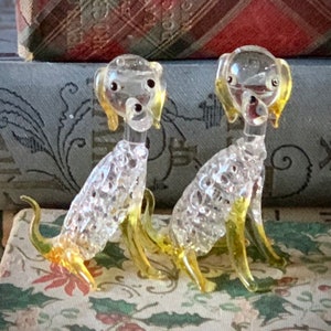 Vintage pair miniature glass dogs mini glass puppy figurines tiny poodle set 2.25 inch tall