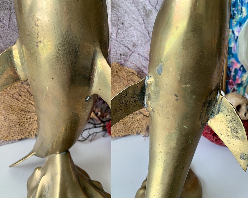 Vintage large brass dolphin statue modern dolphin with ball in mouth fun beach cottage decor big fish sphere sculpture 16.5 inch