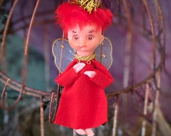 Vintage red hair pixie angel ornament mini Christmas fairy elf girl decoration doll 4.5 inch tall