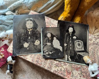 Antique tintype photos girl child portrait tinted painted photographs