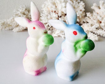 Vintage mini pair flocked rabbits white pink blue miniature Easter bunnies cute plastic retro holiday decoration small figurines