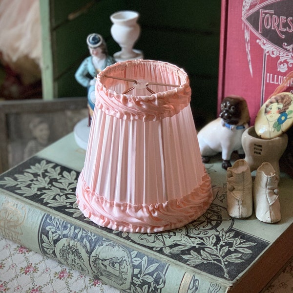Vintage miniature lamp shade pink peach small ruffled satin boudoir light cover 4.75 inch tall