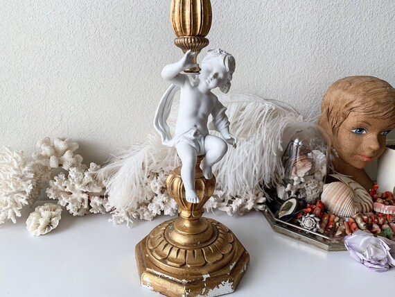 Vintage Cherub Lamp Gold Italian Style Table Light Porcelain Vintage Cherub Lamp Gold Italian Style, Vintage Cherub Lamps