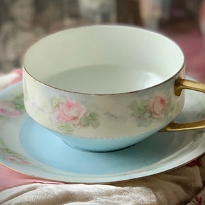 Vintage teacup and saucer French porcelain blue and pink roses floral tea cup