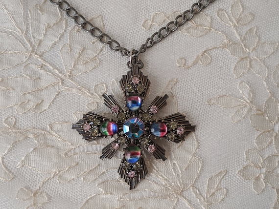 Vintage pendant necklace sparkly blue pink multi … - image 1