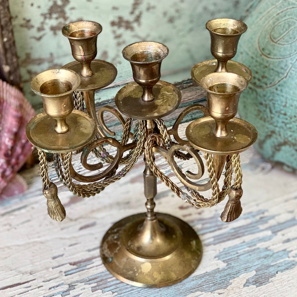 Vintage candelabra small brass tassel rope candle holder centerpiece 7.75 inch tall