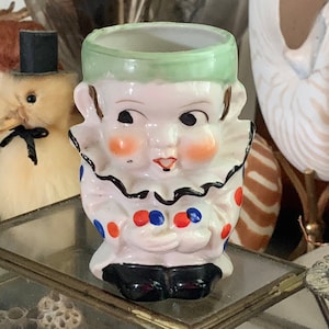 Vintage small clown figurine Japan porcelain mini pierrot jester holder 3.5 inch tall