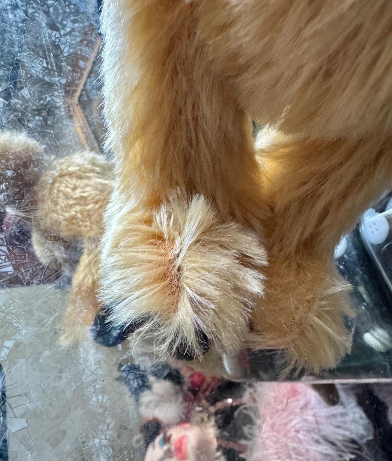 May include: Close-up of a plush, golden-colored teddy bear. The bear's fur is soft and fluffy, with visible details of its paws and legs. The bear's paws have black pads and are positioned on a reflective surface.
