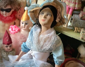 Antique French boudoir doll salon bed doll fancy dress