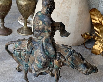 Vintage Man on Horse Statue Retro Japan Metal Figural Asian