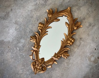 Vintage gold Italian mirror sconce ornate gilt carved wood small wall candle holder 20.25 inch long