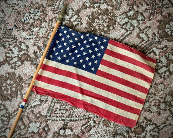 Vintage 50 Star Flag on Wood Stick USA Cloth Parade Flag - Etsy