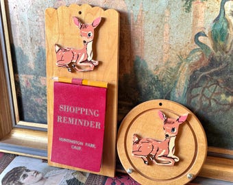 Vintage wood deer plaques shopping reminder list baby fawn set