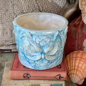 May include: A light blue ceramic planter shaped like an owl's face. The planter has a white glaze and is decorated with raised details.