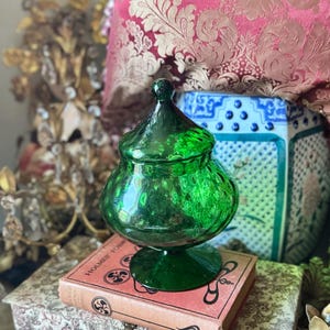 Vintage green glass jar mid century ball top lidded pedestal dish