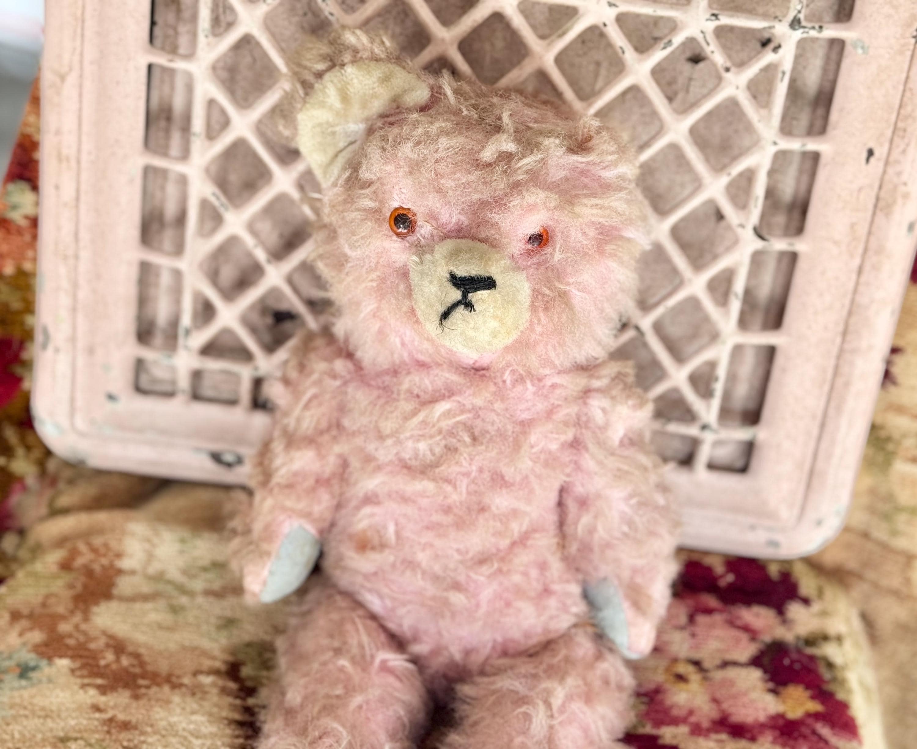 Vintage Pink Teddy Bear Well Loved Old Toy Straw Stuffed Jointed