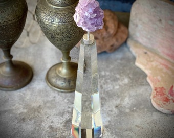 Vintage glass tower statue with small purple geode crystal topper modern sculpture 12.25 inch tall