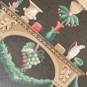 May include: A vintage wallpaper design featuring a brown background with a decorative archway, a grapevine, and a vase with flowers. The archway is decorated with a brown and white pattern. The grapevine is green and has a cluster of grapes. The vase is white and has a floral design.