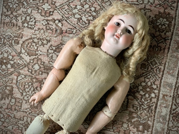 Antique Large Walker Doll Bisque Porcelain Head Glass Eyes