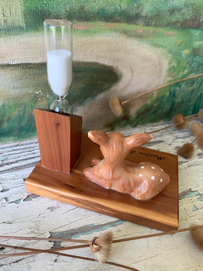 Vintage mini baby deer timer miniature souvenir fawn hourglass figurine 2.5 x 4 inch