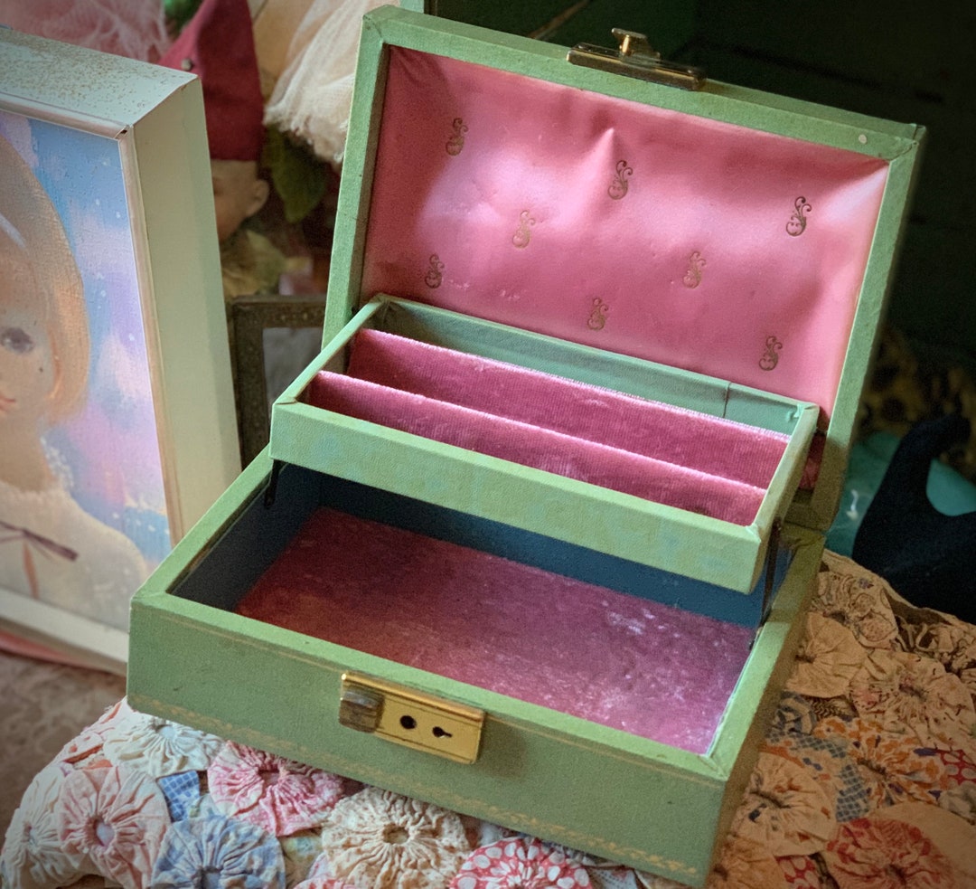 Vintage Green Jewelry Box Pink Velvet Lining Retro Jewelry Case Etsy