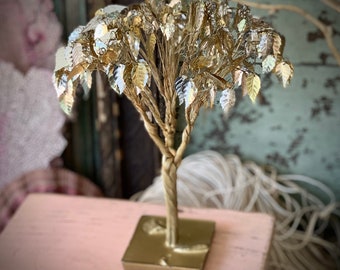 Vintage small gold tree statue wire sculpture dangly leaves modern sparkly retro decor 8.75 inch tall