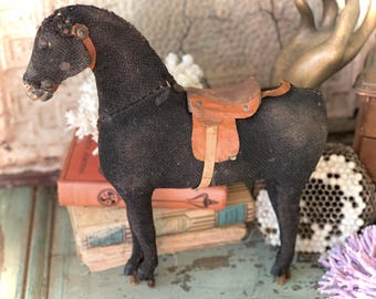 Antique toy horse wood cloth leather saddle old pull toy salvaged part