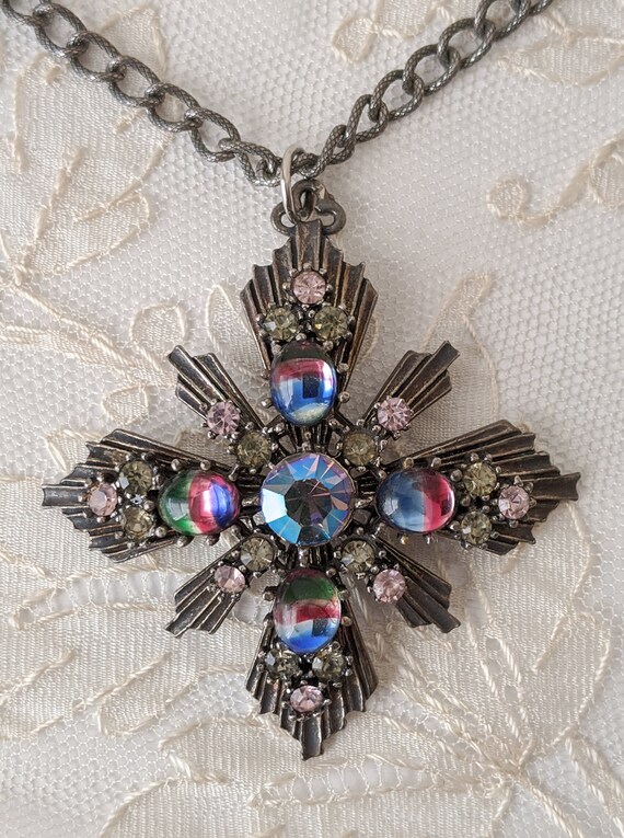 Vintage pendant necklace sparkly blue pink multi … - image 3