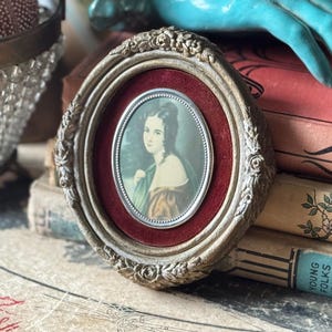 Vintage framed print miniature lady girl portrait wall picture