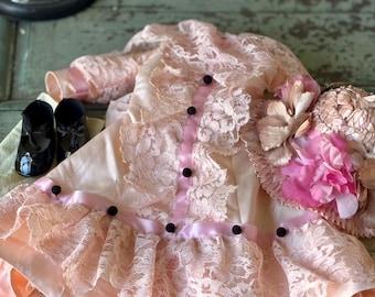 Vintage doll dress pink lace doll clothing outfit bonnet shoes