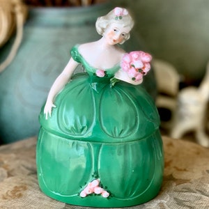 Vintage German dresser doll box old porcelain figural lady jar girl figurine 5.75 inch tall