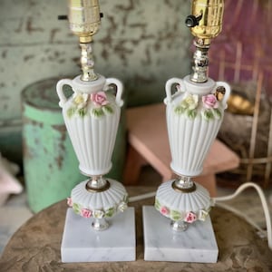 Vintage pair porcelain lamps fancy rose flowers Japan boudoir lamps romantic lighting