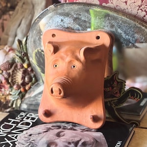 May include: A terracotta-colored wall-mounted plaque featuring a three-dimensional pig head sculpture. The rectangular piece has rounded corners, two small holes at the top for hanging, and two small protrusions at the bottom base.