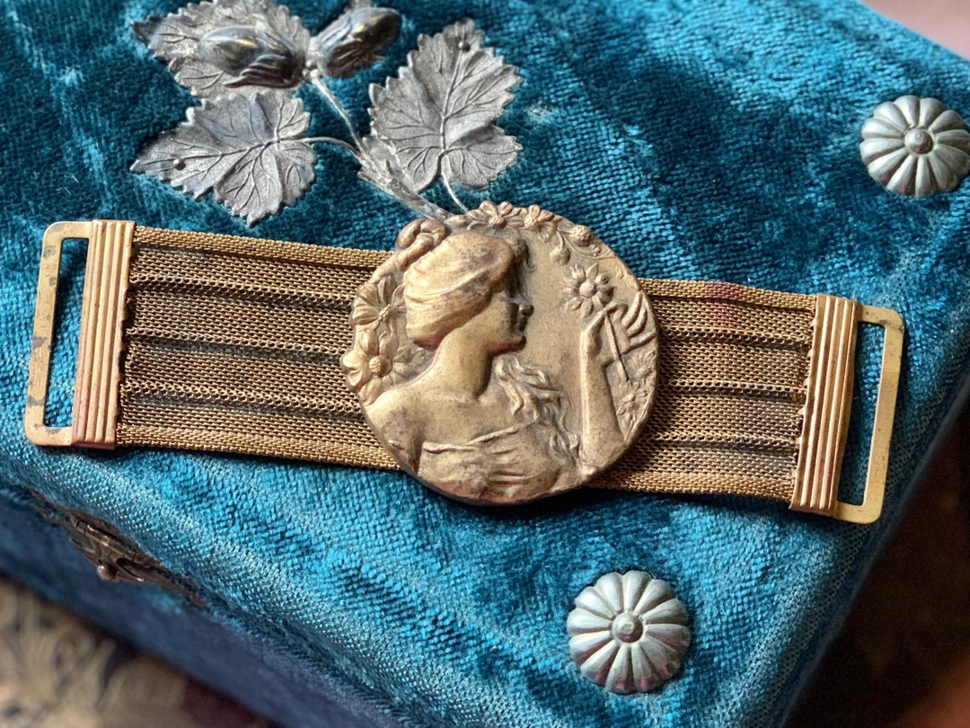 Antique Victorian Art Nouveau Turquoise Glass Belt Gibson Girl Restore Antique Art Nouveau Goddess Belt | Edwardian Gilt Brass  main image 4
