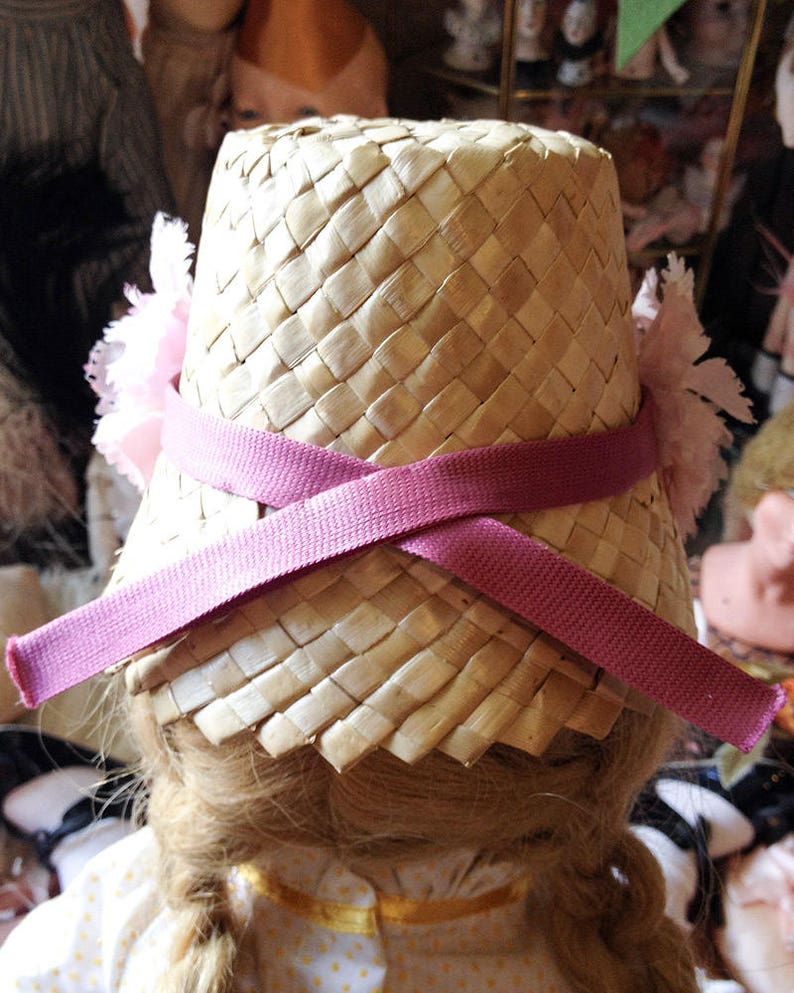 Vintage straw doll hat pink millinery flowers woven bucket toy Etsy